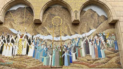 Cairo, Egypt - Feb 5, 2025: Mosaic painting on a wall inside the Hanging Church in Coptic Cairo, one of Egypt's oldest and most significant Christian landmarks.
